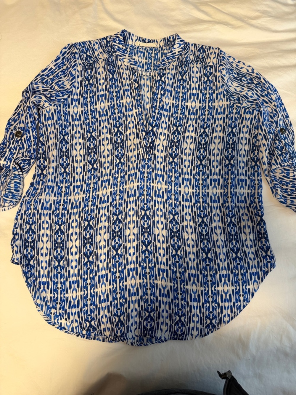 Lush Blue and White Printed V-Neck Tunic